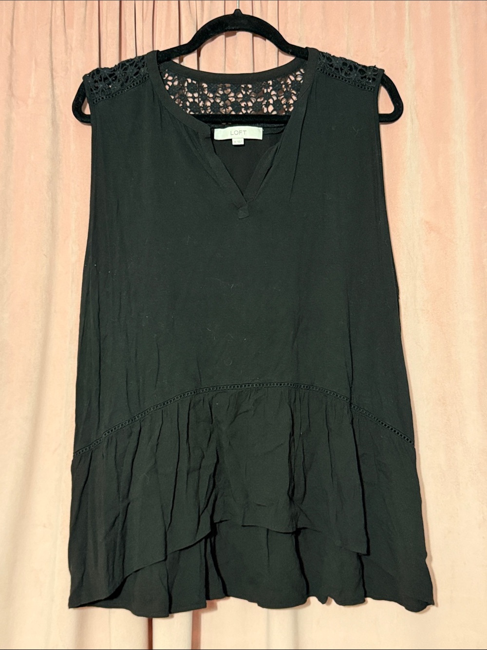 LOFT Black Crochet Yoke Ruffle Hem Sleeveless Camisole
